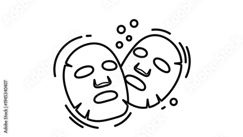 Simple line art illustration of facial sheet masks with bubbles representing skincare and self care routines.