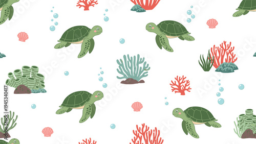 Beautiful seamless pattern of sea turtles swimming among colorful coral reefs and bubbles under the ocean.