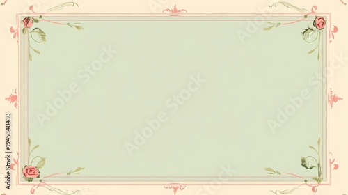 Vintage soft green rectangular frame adorned with delicate pink rose floral corner elements providing elegant copy space for celebration invitations or wedding documents.