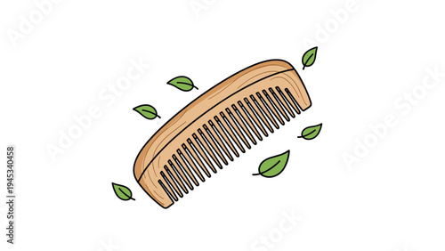Natural wooden hair comb surrounded by green leaves symbolizing eco friendly grooming and sustainable products.