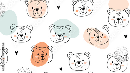 Adorable seamless pattern of cute teddy bear faces with soft pastel shapes and hearts on a white background.