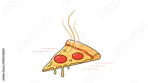 Delicious slice of pepperoni pizza with melting cheese and steam rising up isolated on a white background.