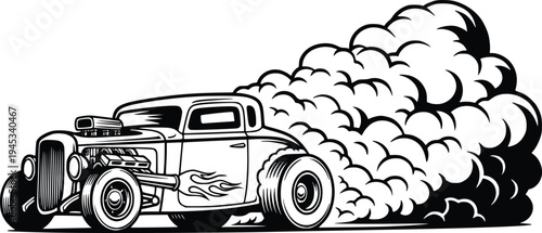 Vintage Hot Rod Burnout with Massive Tire Smoke Hand Drawn Retro Vector Illustration