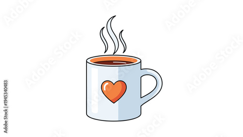 Cozy white coffee mug with an orange heart and rising steam symbolizing warmth and love in a simple drawing.
