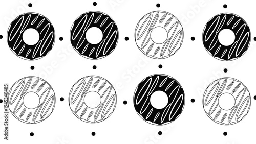 Geometric pattern of black and white glazed donuts arranged in a grid with dots on a plain background.