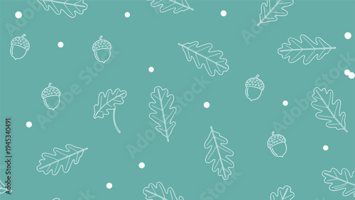 Elegant seamless pattern of white oak leaf outlines and acorns on a soothing teal colored background.