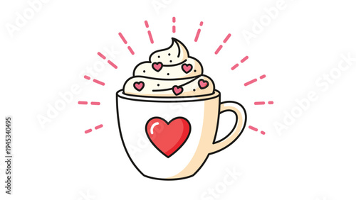 Delicious cup of hot chocolate topped with whipped cream and small pink hearts for a cozy and romantic treat.