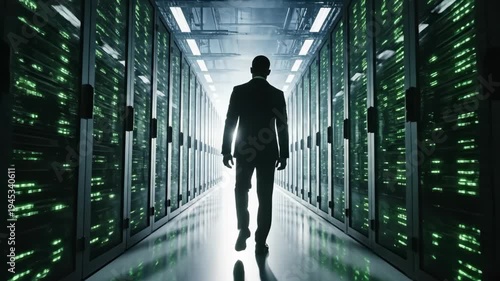 Confident man in suit silhouette explores futuristic data center. Glowing server technology and data racks demonstrate business innovation