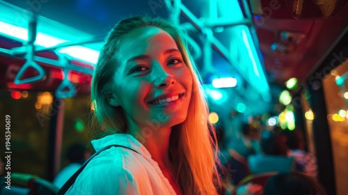 Young woman smiling travelling on city bus at night