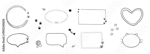 Empty cute cat or dog, pet frame set, speech bubble with ears and tail, border with paw print. Doodle sketch hand drawn elements. Footprint badge, border divider. 