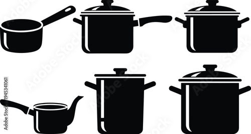 Kitchen cooking pots and saucepan silhouette icon set isolated for kitchenware and cooking concept