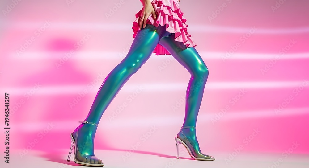 Obraz premium Woman wearing shiny green tights and high heels on pink background