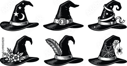 Vintage engraving witch hat collection with Halloween symbols isolated illustration set