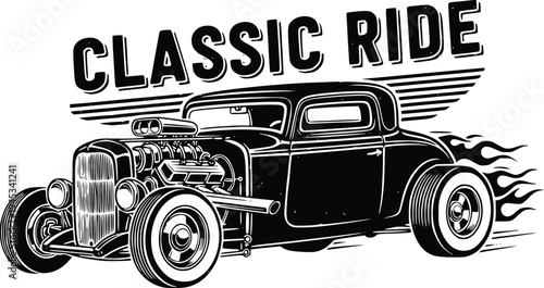 Classic Ride Vintage Hot Rod Coupe with Flames Retro Hand Drawn Vector Illustration