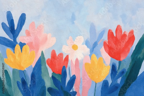 A painting of colorful tulips and daisies on a blue background.