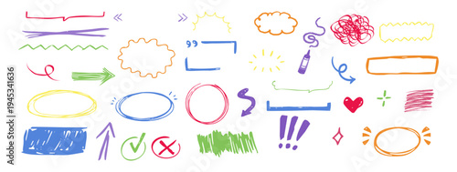 Highlight crayon scribble chalk hand drawn round rough frames, borders, underlines. Freehand ovals doodle. Chalk pencil ellipse frames, 