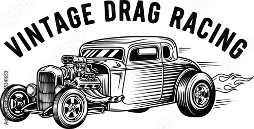 Vintage Drag Racing Hot Rod Coupe with Flames Hand Drawn Retro Vector Illustration