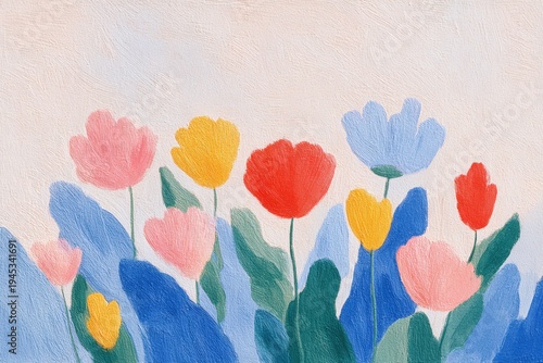 A painting of colorful tulips on a white background.