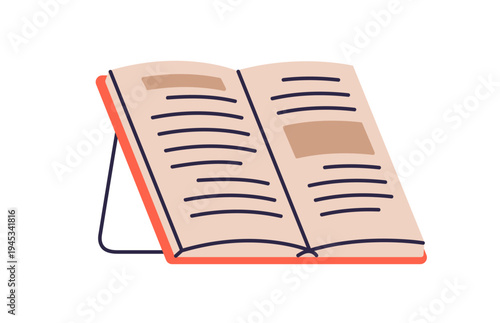 Open textbook on desk stand, book holder for study, education and knowledge. School literature, grammar for reading, pages with line text. Flat vector illustration isolated on white background