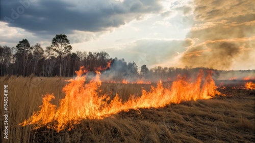 Fotografia A wildfire burns through dry grassland under a cloudy sky, with trees silhouetted in the background and smoke rising from the flames
