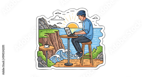 man sitting on stool working on laptop by ocean