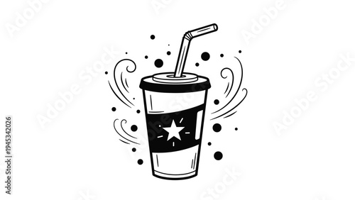 Simple black line art illustration of a soda cup with a straw and a star logo surrounded by bubbles and swirls on white.