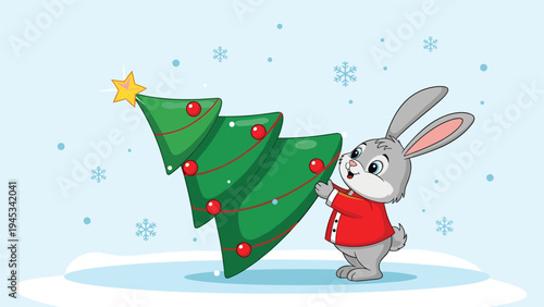 Cute grey rabbit character wearing a red winter jacket and carrying a decorated Christmas tree in a snowy landscape scene.