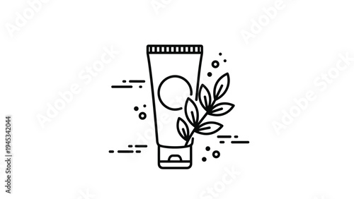 Minimalist cosmetic tube icon in black line art style with green leaves isolated on a white background for skincare design.