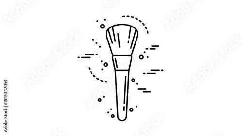 Minimalist makeup brush icon in black line art style with decorative elements isolated on a white background for beauty.