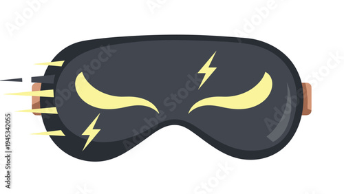 Stylish black sleeping mask with yellow lightning bolt eyes and motion lines isolated on a white background for deep sleep.