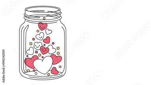Glass jar filled with various cute heart shapes and tiny gold dots isolated on a white background for love and friendship.