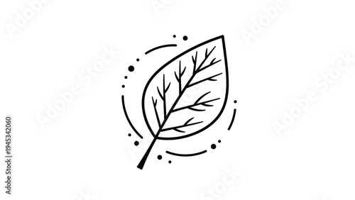 Minimalist black line art illustration of a single tree leaf with decorative dots and lines isolated on a white background.