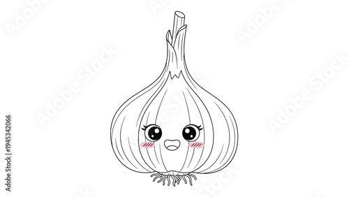 Adorable garlic character with a happy face and rosy cheeks in black line art style isolated on a white background for kids.