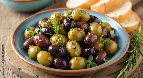 A rustic bowl of marinated green and black olives with fresh herbs and sliced bread.