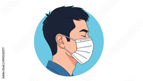 Side view portrait of a man wearing a white medical face mask for protection against air pollution and infectious diseases.