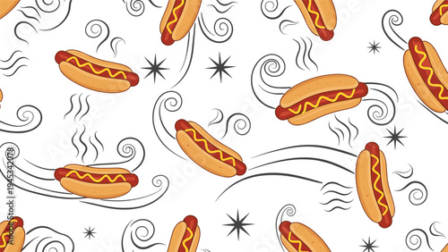 Whimsical fast food pattern showing tasty hot dogs with yellow mustard and steam swirls against a white starry background.