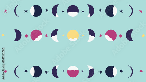 Celestial pattern featuring various moon phases and colorful stars scattered across a light blue-green background for art.