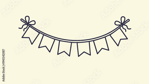 Minimalist black outline illustration of a festive bunting banner with flags hanging from two decorative ribbons and bows.