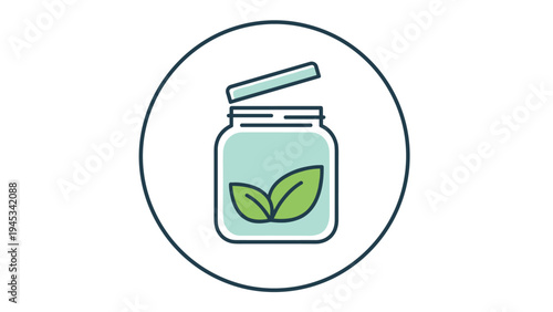 Simple line art icon of an open glass jar containing two green leaves inside a dark circular frame on a white background.