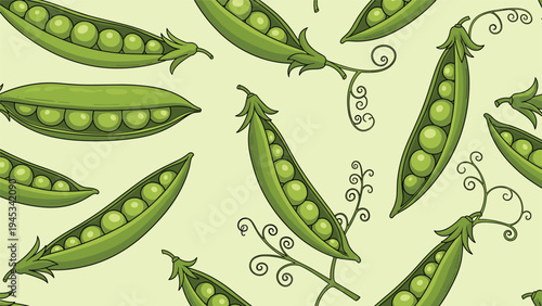 Seamless green pattern of fresh organic pea pods with round peas inside and delicate curling vines on a light background.
