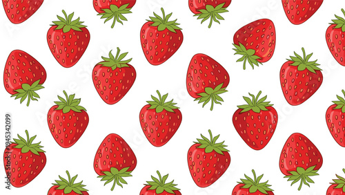 Luscious seamless pattern of bright red ripe strawberries with green leaves scattered across a clean white background.