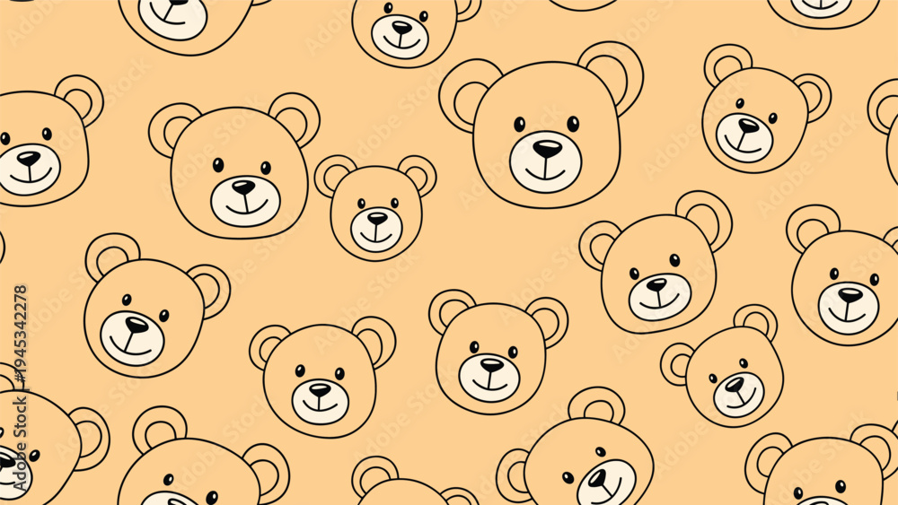 Fototapeta premium Adorable seamless pattern featuring multiple cute teddy bear faces on a warm orange background for children and baby designs.