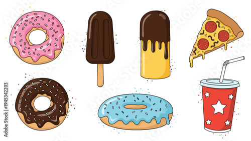 Collection of delicious treats and snacks including colorful donuts, chocolate popsicles, pizza slice, and soda.