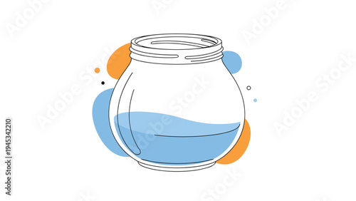 Simple line art illustration of a glass jar containing a blue liquid set against colorful abstract background shapes.