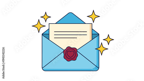 Charming illustration of an open blue envelope with a blank letter, a heart wax seal, and golden sparkling stars.