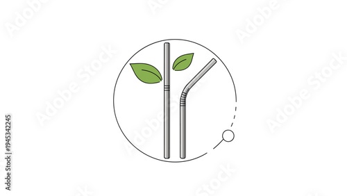 Reusable metal straws with green leaves symbolize an eco-friendly lifestyle and reduction of plastic waste in a circle icon.