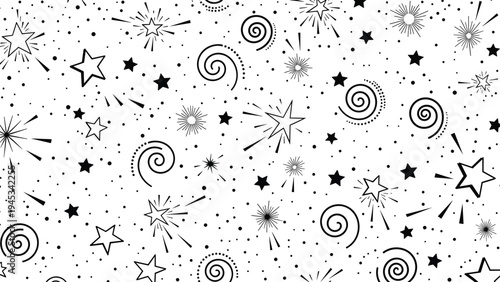 Seamless pattern featuring various hand-drawn black stars and spirals scattered across a clean white background for design.