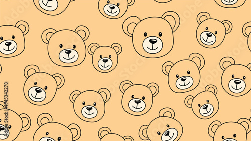 Adorable seamless pattern featuring multiple cute teddy bear faces on a warm orange background for children and baby designs.