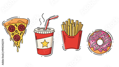 Variety of fast food items featuring a pizza slice, soda cup with straw, French fries, and a pink glazed donut on white.