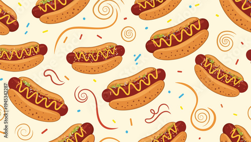 Delicious hot dog pattern with mustard and colorful sprinkles on a cream background for fast food and summer party designs.